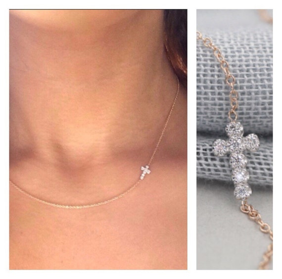 Solid 14k gold diamond cross necklace sideways cross diamond