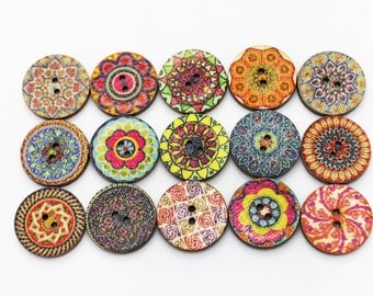 Bohemian Pattern Wood Button, Children Button, BOHO Chic Buttons, Tribal Button,Two Holes Sewing Button,Floral Button, Wooden Button
