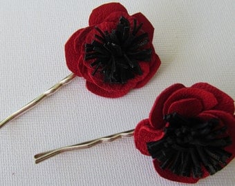 Red poppy bobby pins, red flower hair pins, poppy hair clips, red leather flowers, red hair accessories, pair of red bobby pins, red flowers