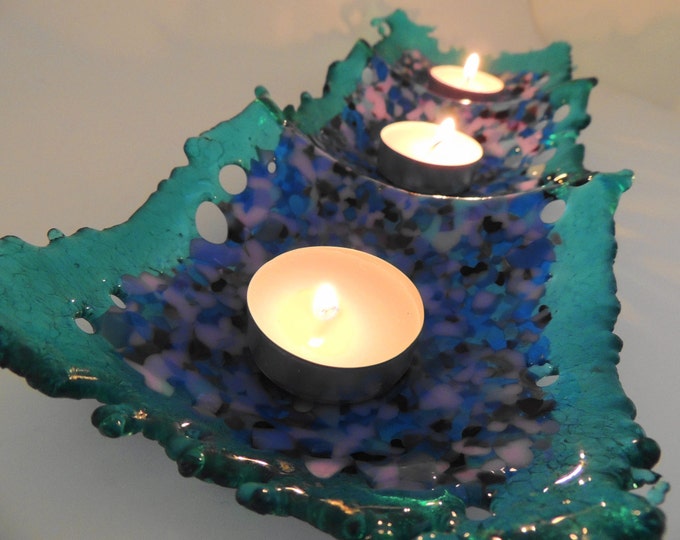 Blue glass dish. Glass tealight holder. Trinket nibbles dish. Wedding, housewarming anniversary gift. Kitchen to tableware. Home and living.