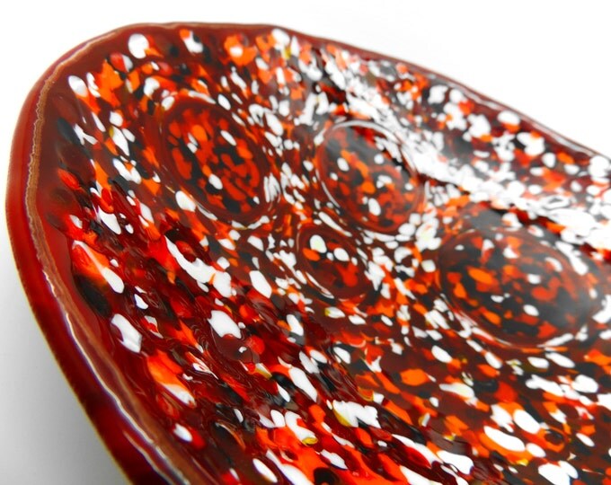 REDUCED Round red glass dish. Fused glass bowl in mixed red orange. Contemporary glass. Wedding anniversary birthday, housewarming gift idea