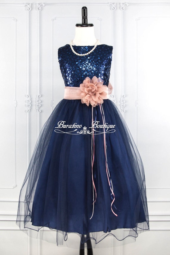 NAVY BLUE  Sequin Flower Girl  Dress  Dusty  Rose by 