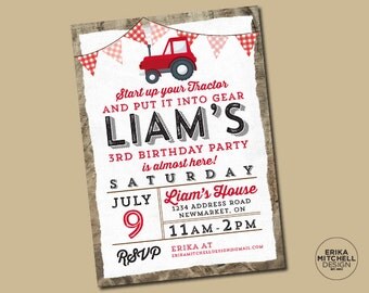 Red Tractor Farmer Birthday Invite // DIGITAL FILE // CUSTOM Birthday Invitations
