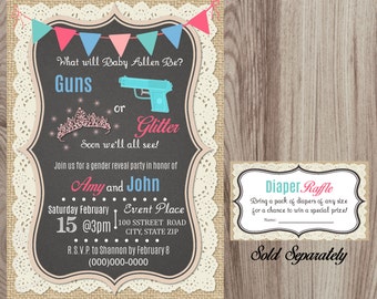 Burlap and Lace Guns or Glitter Gender Reveal Party Invitation DIY Printable