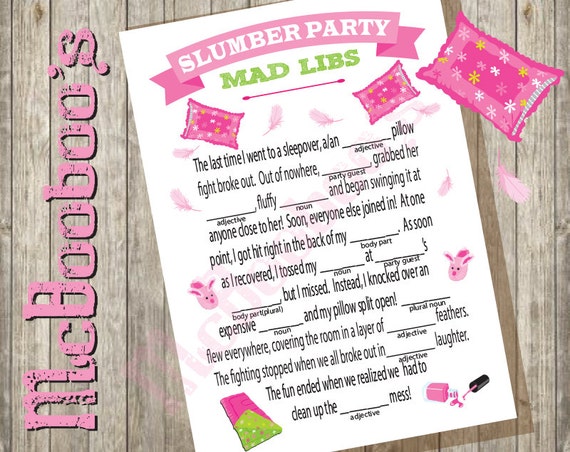INSTANT DOWNLOAD Sleepover slumber birthday party game Mad