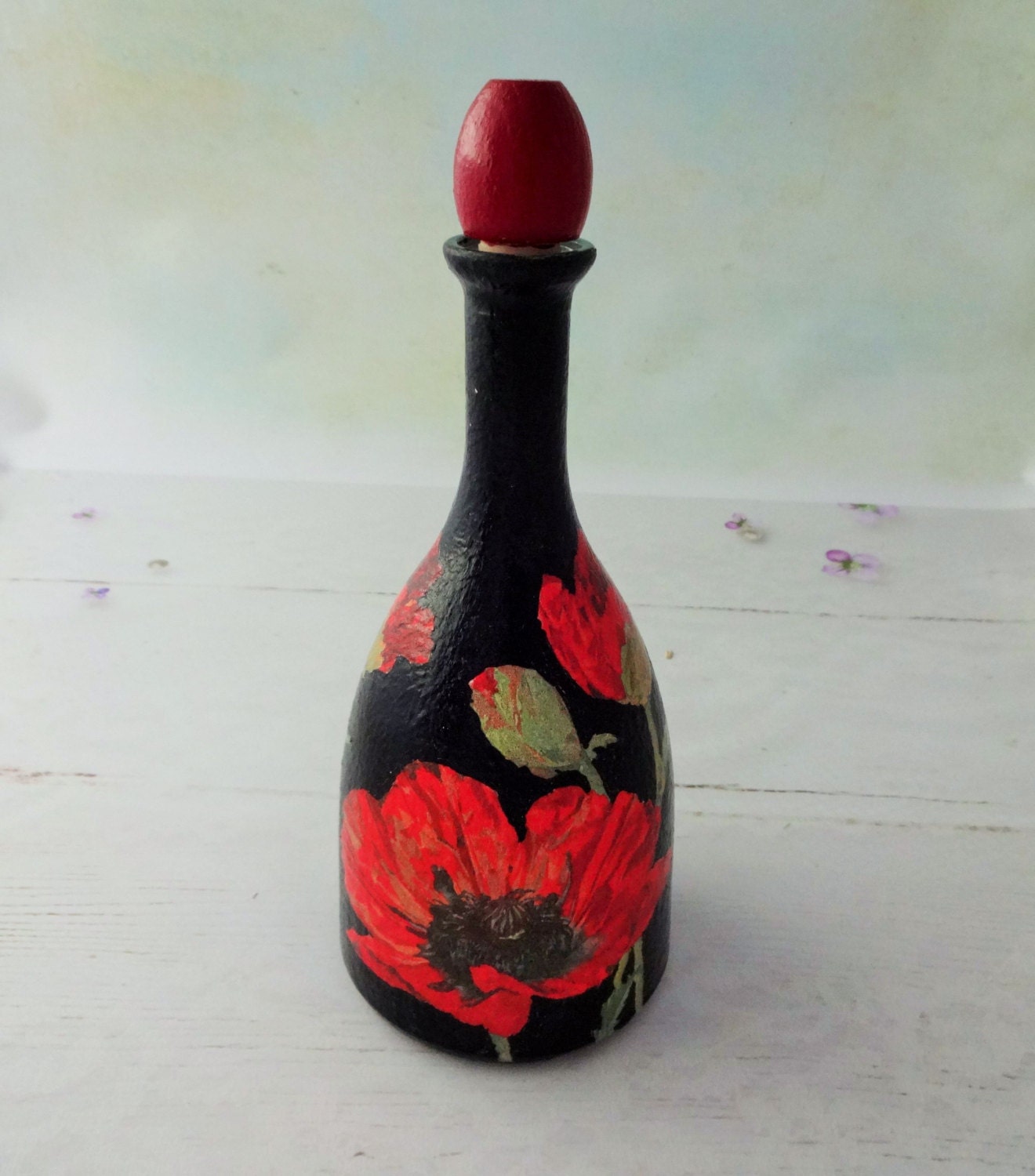 Decoupage bottle upcycled bottle poppy motif decor black