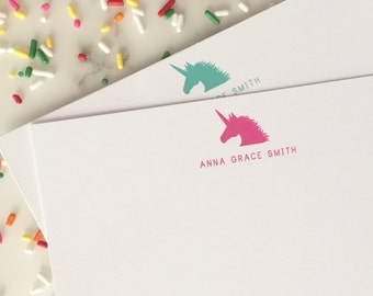 Unicorn Stationary - Girls Personalized Stationery Set of 20 Flat Note Cards