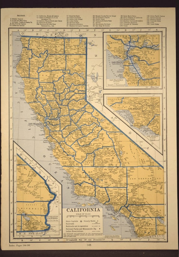 California Map of California Original Railroad Map 1930s 1936