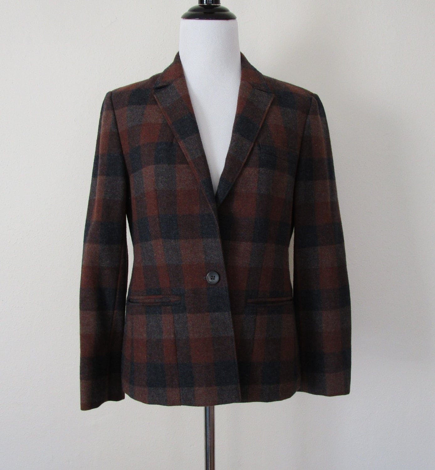 Pendleton Jacket Vintage 70s Plaid Wool Blazer Gray Brown Red