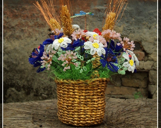 Bouquet of wild summer flowers in a basket spikes, cornflowers, daisies, poppy (25inch high)