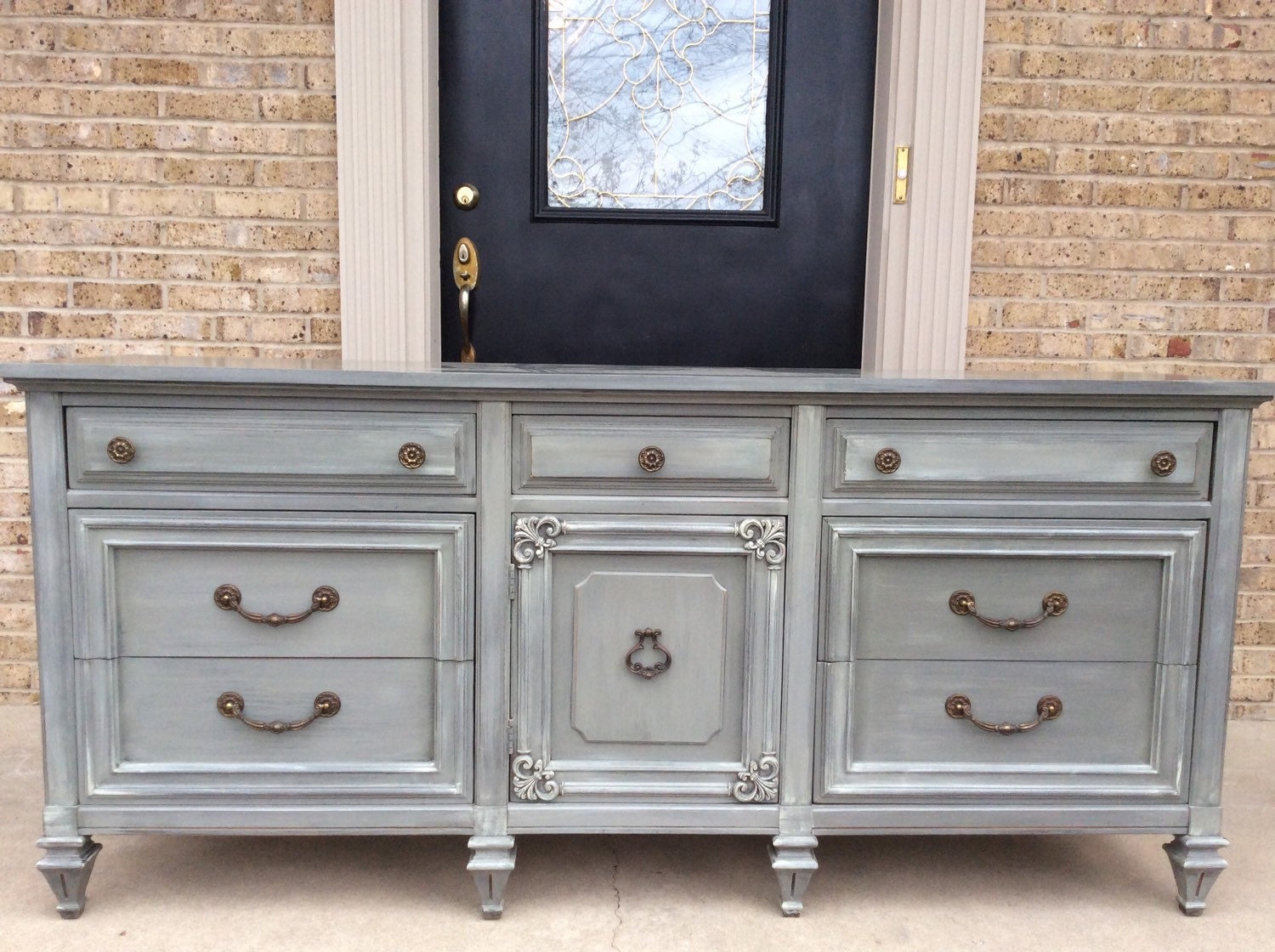 SOLD Distressed Grey 9 Drawer Dresser Credenza