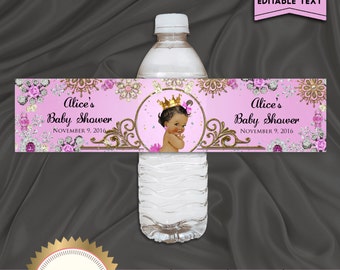 Printable Baby Shower Water Bottle Labels, Little Princess, Royal Baby Girl, Pink, Gold, Digital File, EDITABLE text, Microsoft® Word Format
