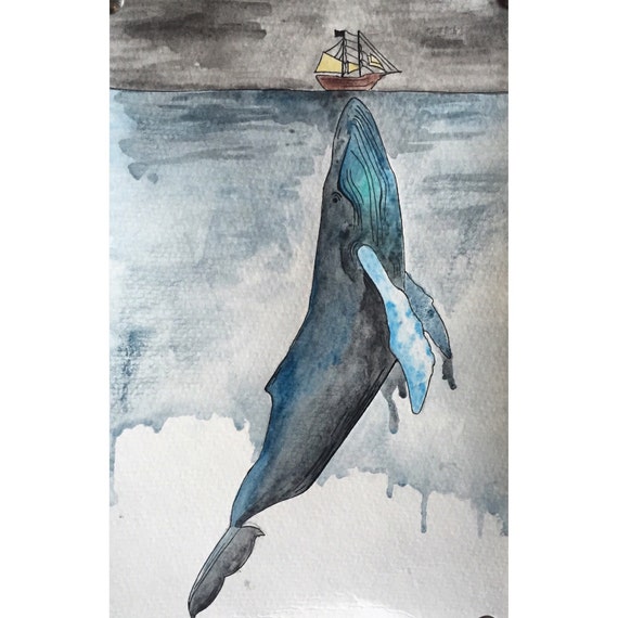 Whale and Boat Watercolor Painting 8x10 by WildChildWatercolor