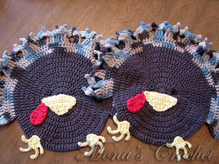 Hand Crocheted Set of 2 Turkey Placemats Thanksgiving