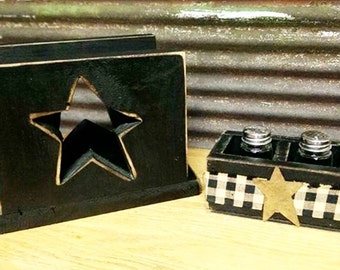 Primitive Wood Salt & Pepper and Napkin Holder Set