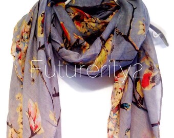 Cherry Blossom Birds Grey Summer Scarf / Spring Scarf / Autumn Scarf / Gifts For Her / Women Scarves / Accessories
