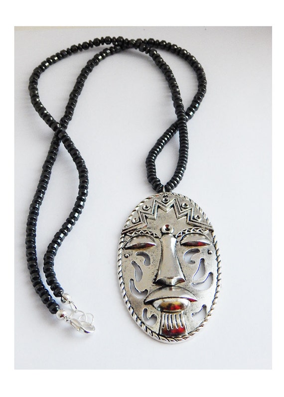 Tribal Mask Necklace Antique Silver Large African Mask Jewelry