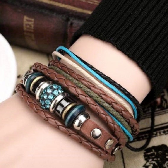 Womens Leather 2 Piece Fashion Bracelet Set with Hemp and Charms Women