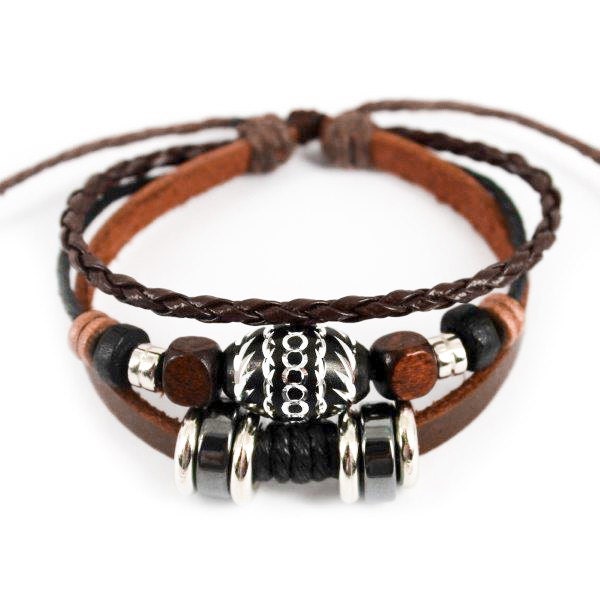 Leather Bracelet with Charms Adjustable Three Strand in Black