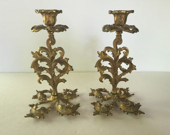 Vintage Gold Brass Acanthus Leaf Candleholders