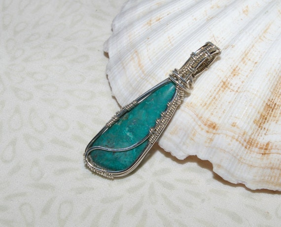 Blue Chrysocolla Pendant Turquoise Blue Stone Wire Wrapped