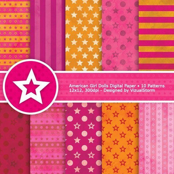 American Girl Doll Digital Paper orange and pink by VizualStorm