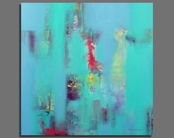 Abstract painting Original Painting Contemporary 100X100 / 39,4x39,4 Large Size Square Green, blue, turquoise, red
