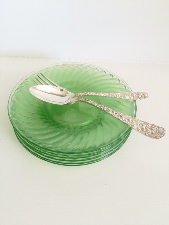 Save for Leah 6 Green Swirl Depression Glass Dessert Plates