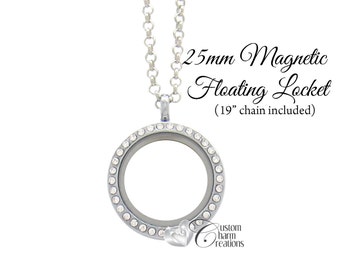 Floating Locket • Magnetic • Medium 25 mm • Round Memory Locket with Crystals Necklace ~ LOC78
