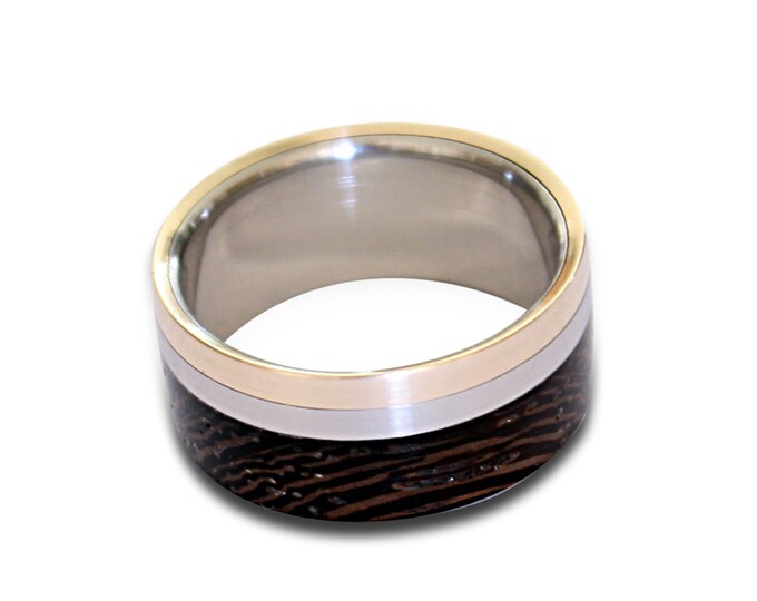 Titanium ring with bronze pinstripe and wenge wood inlay
