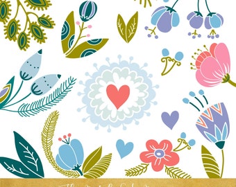 Cute Floral Clipart Set - Blue & Green Tones - INSTANT DOWNLOAD - 25 .PNG Images