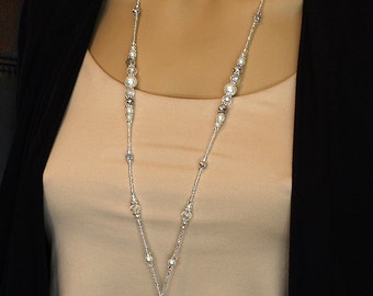 Silver & Pearl Beaded Lanyard, elegant ID badge holder magnetic clasp, fancy silver lanyard, teacher gift, nurse lanyard, breakaway lanyard