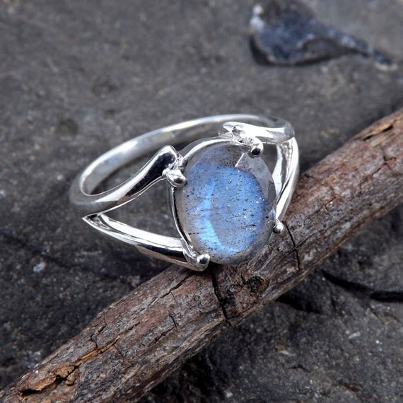 Prong Set Ring Labradorite Stone Blue Fire Labradorite Ring