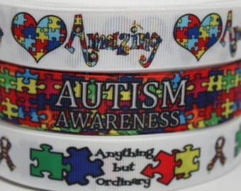 Autism Awareness 7/8 Inch Grosgrain Ribbon by the Yard for Hairbows, Scrapbooking, and More!!