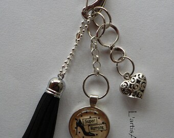 Bijou de sac Pompon Noir Cabochon Verre Super Marraine Cadeau Marraine.