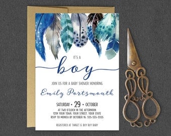 It's a Boy Baby Shower Invitation / Boho Feather Boy Baby Shower Invitation / Tribal Feather Baby Shower Invite / Boho Blue Shower Invite