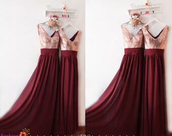 Bridesmaid Dresses Long 2016,Burgundy Sequin Bridesmaid Dress,V-Back Rose Gold sequin Prom Dress,V-neck Burgundy Bridesmaid Dresses