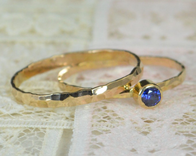 Sapphire Engagement Ring, 14k Gold, Sapphire Wedding Ring Set, Rustic Wedding Ring Set, Natural Sapphire Ring, Solid 14k Sapphire Ring