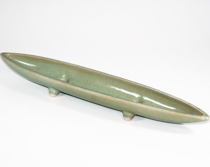 Storewide 25% Off SALE Vintage Elongated Celedon Jade Green Ceramic Footed Art Bowl Featuring Eclectic Slender Design Form