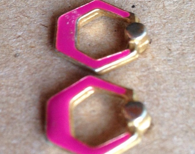 Storewide 25% Off SALE Vintage Gold Tone Pink Enamel Geometric Designer Pierced Earrings Featuring Petite Style Design