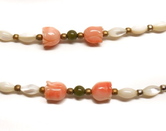 Storewide 25% Off SALE Vintage Rosè Pink Angel Coral, Green Jade & Mother Of Pearl Beaded Designer Necklace Featuring Graduated Style Design