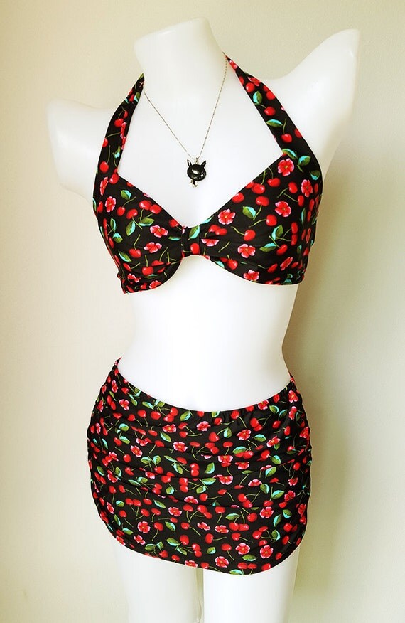 Vintage Floral cherry bathing suit retro Women by beautychicshop