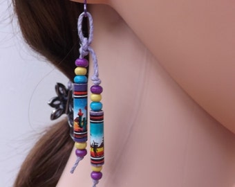 Ceramic earrings, Peruvian beads, long beads, knotted ceramic earrings, niobium wires