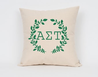 Alpha Sigma Tau Wreath Pillow // Choose Your Ink Color // Greek Letter Pillows // Sorority Pillow // Big Little Gift // Sorority Letters
