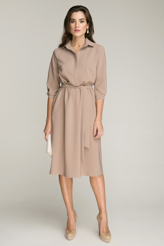 Casual Beige Dress Length Knee.Elegant Shirt by FashionDress8