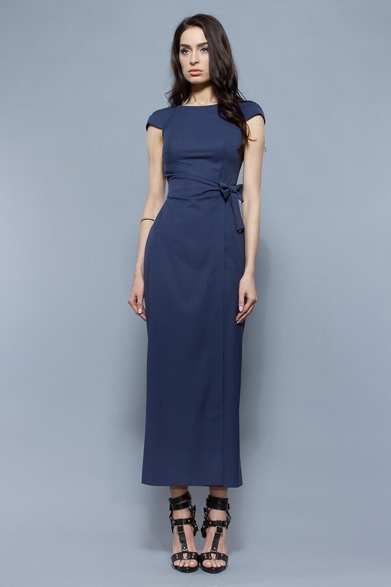 Dark Blue New Dress Straight Silhouette.Elegant short Sleeve