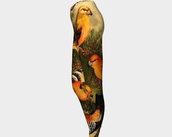 Orange Bird Leggings Birds Nature Feathers Orange Green Yellow Clothes Wearable Art- Women- Pants -Clothing- Hand Sewn- XS-S-M-L-XL