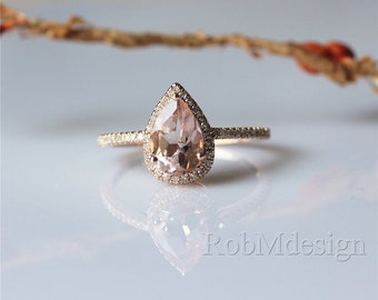 Halo Diamond Oval Morganite Ring 14k Rose Gold by RobMdesign