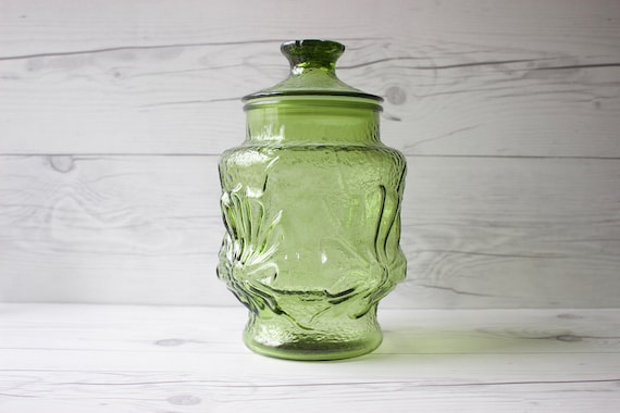 Anchor Hocking Avocado Green Rainflower Glass Canister