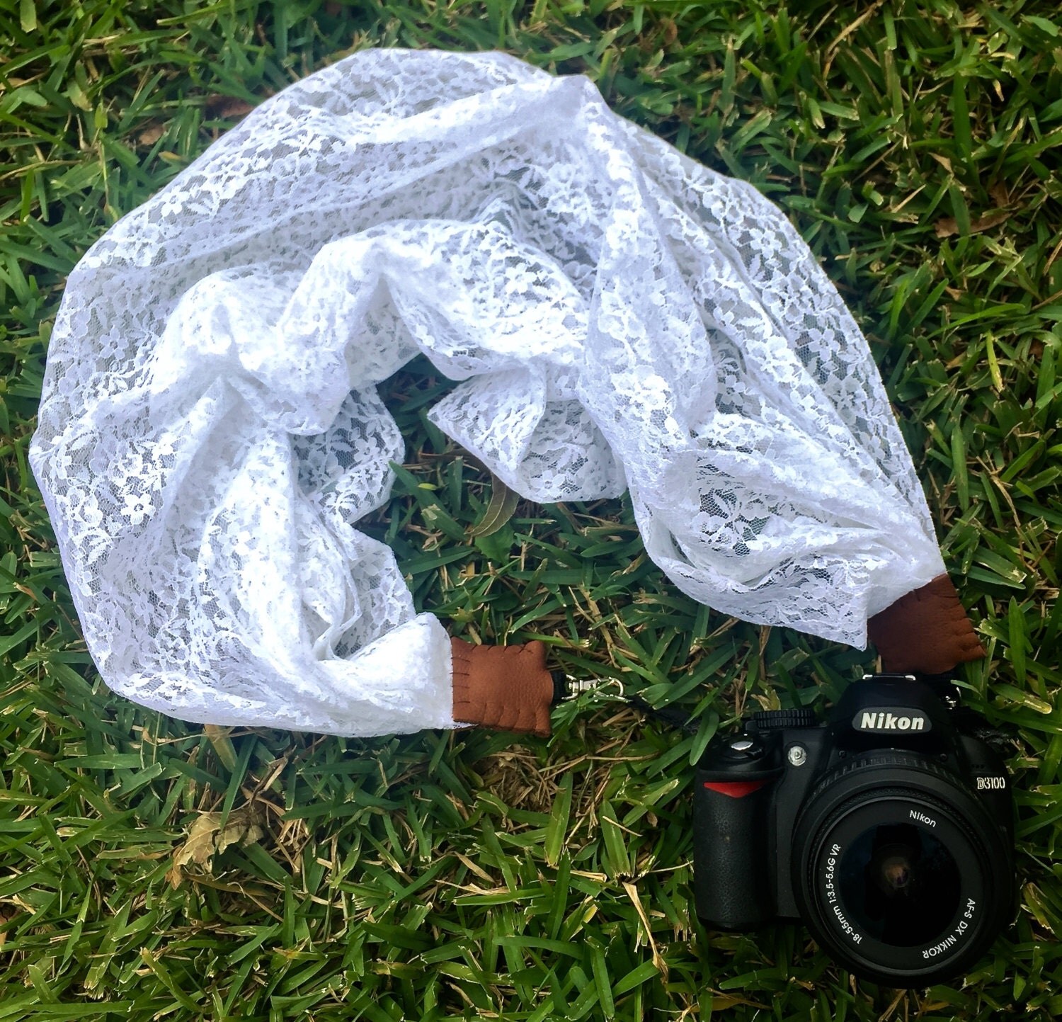Whimsical scarf camera strap white lace for Nikon